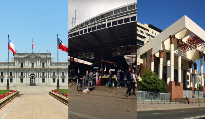 De izquierda a derecha: El Palacio de la Moneda; La sección techada de la feria Pinto de Temuco y el Congreso en Valparaíso. Imagen referencial de la opinión pública sobre la gestión de los representantes políticos en Chile De izquierda a derecha: El Palacio de la Moneda; La sección techada de la feria Pinto de Temuco y el Congreso en Valparaíso. Imagen referencial de la opinión pública sobre la gestión de los representantes políticos en Chile